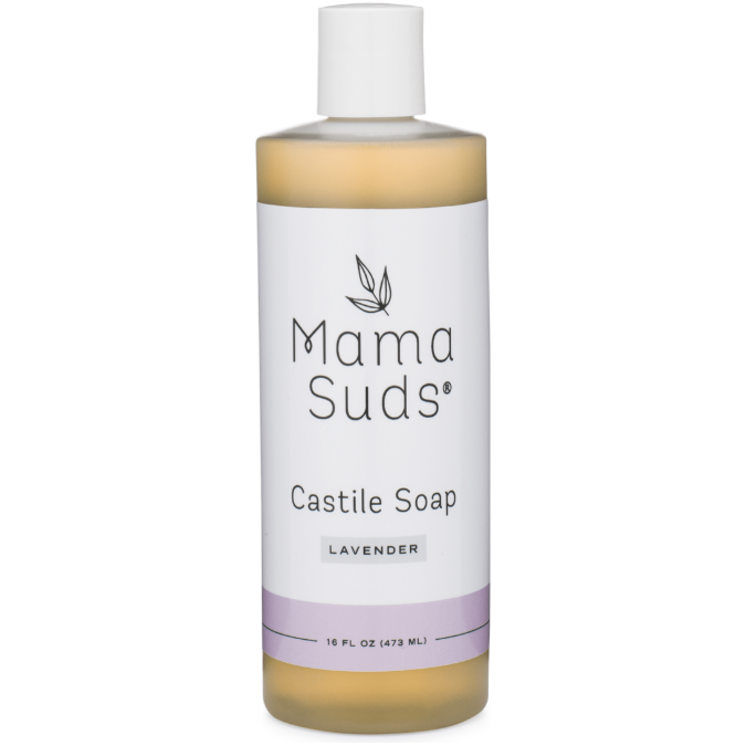Castile Liquid Soap by MamaSuds, lavender scent, 16 oz bottle, versatile and biodegradable.