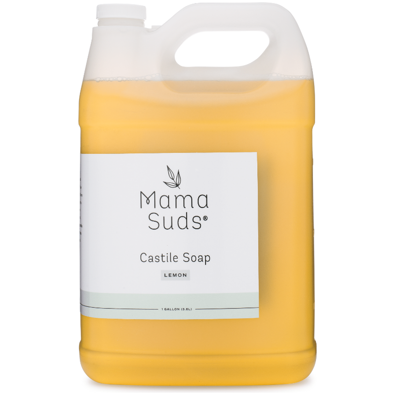 MamaSuds Castile Liquid Soap in lemon scent, 1-gallon BPA-free bottle.