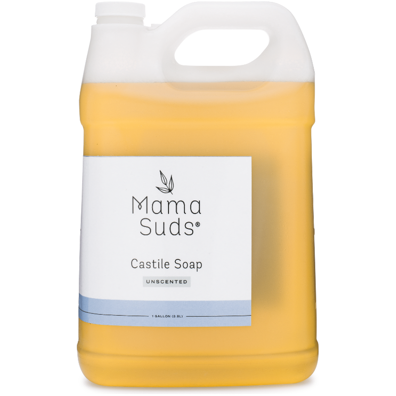 MamaSuds Castile Liquid Soap in a gallon-sized BPA-free bottle.