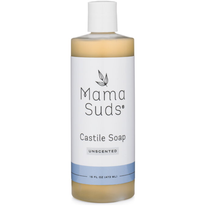MamaSuds Castile Liquid Soap bottle, unscented, 16 oz, all-purpose cleaning soap.