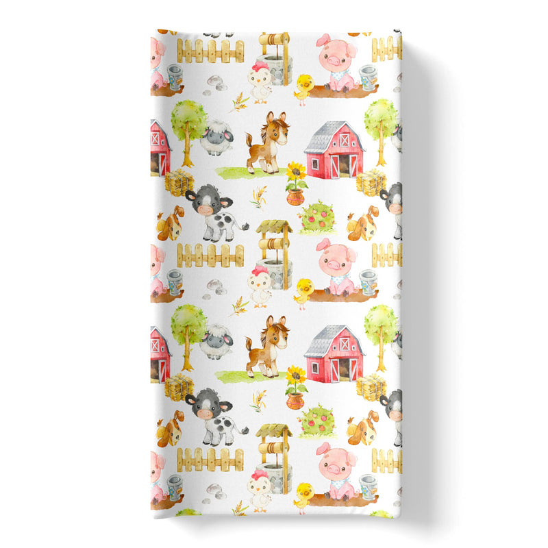 Changing pad cover with farm animals print, soft and stretchy fabric, fits most changing pads.