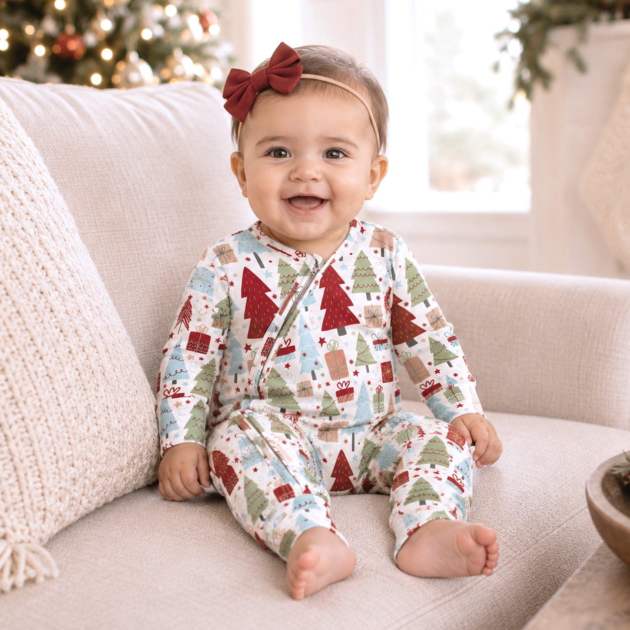 Baby zipper romper with a cheerful Christmas holiday print, full-length zipper, and neck guard at the collar.