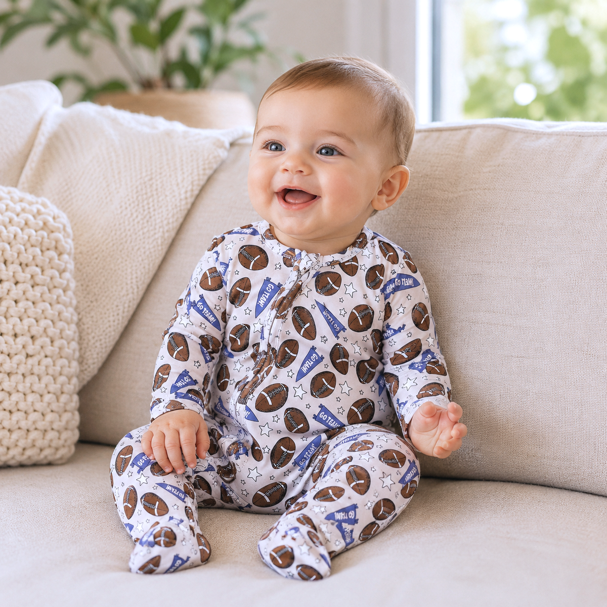 Baby zipper romper with football print and front two-way zipper