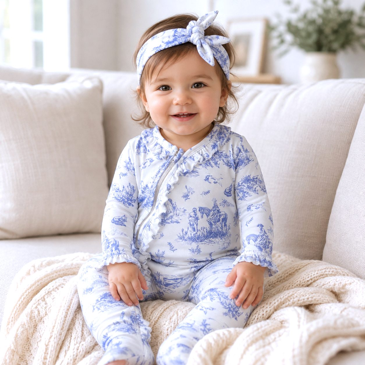 Bamboo Cotton Zipper Romper - Toile de Jouy