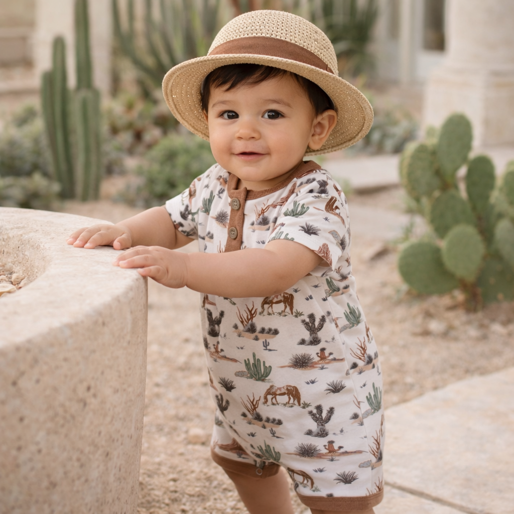 Baby Boy Shorty Romper – Bamboo Cactus Trails Henley Outfit by Tesa Babe at Everetts Place