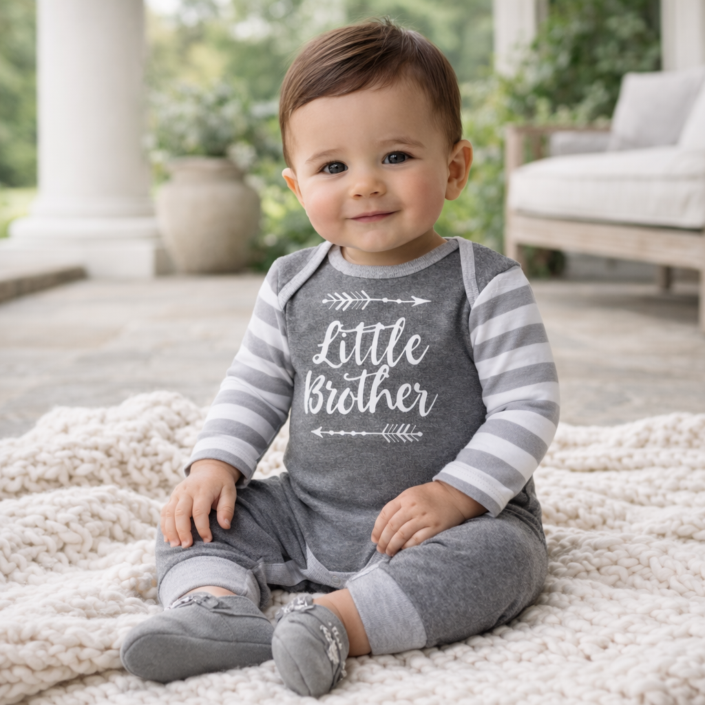 Baby romper with "Little Brother" graphic and grey striped trim