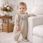 Embroidered Wildflower Linen Baby Romper With Lace Trim by Tesa Babe