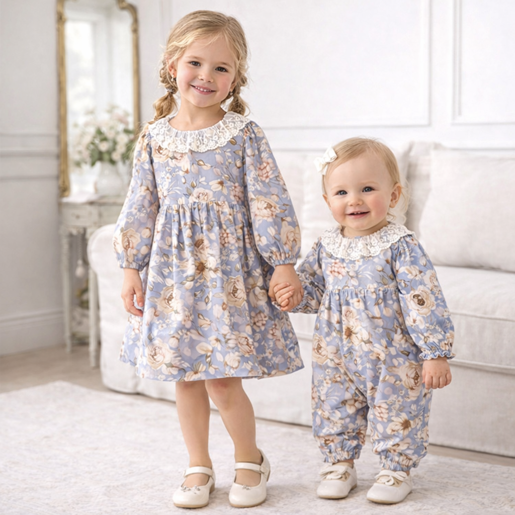 Blue Floral Vintage Linen Baby Romper With Lace Collar by Tesa Babe