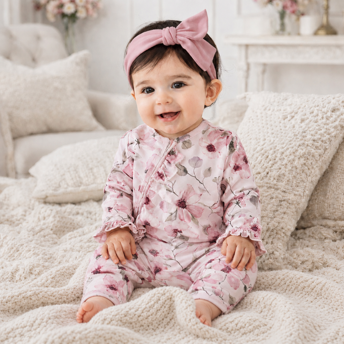 Baby zipper romper in watercolor floral print with blush and sage tones, ruffle detail, and convertible cuffs
