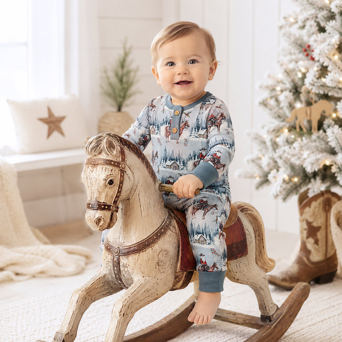 Cowboy Christmas Henley Romper - Bamboo Babywear by Tesa Babe