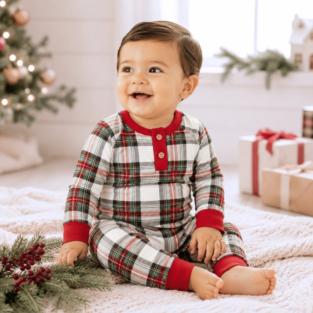 Baby Christmas Plaid Henley Bamboo Romper by Tesa Babe