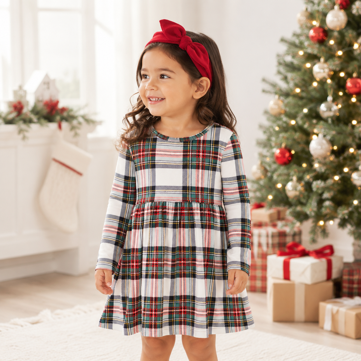 Girls Christmas Plaid Dress – Soft Bamboo Holiday Outfit by Tesa Babe