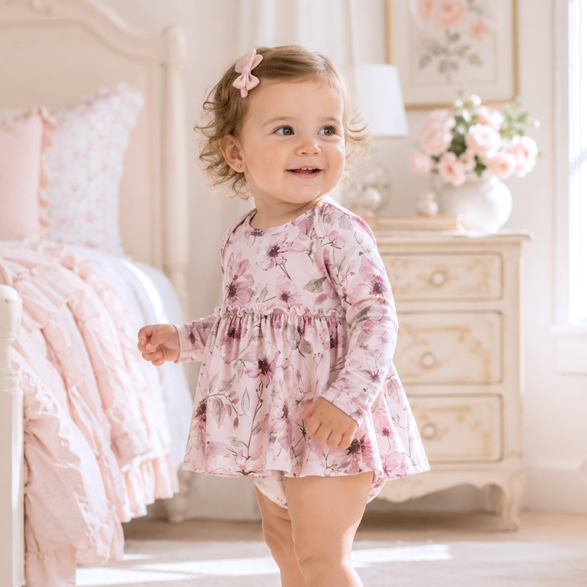 Skirted baby bodysuit with long sleeves in soft pink watercolor floral print