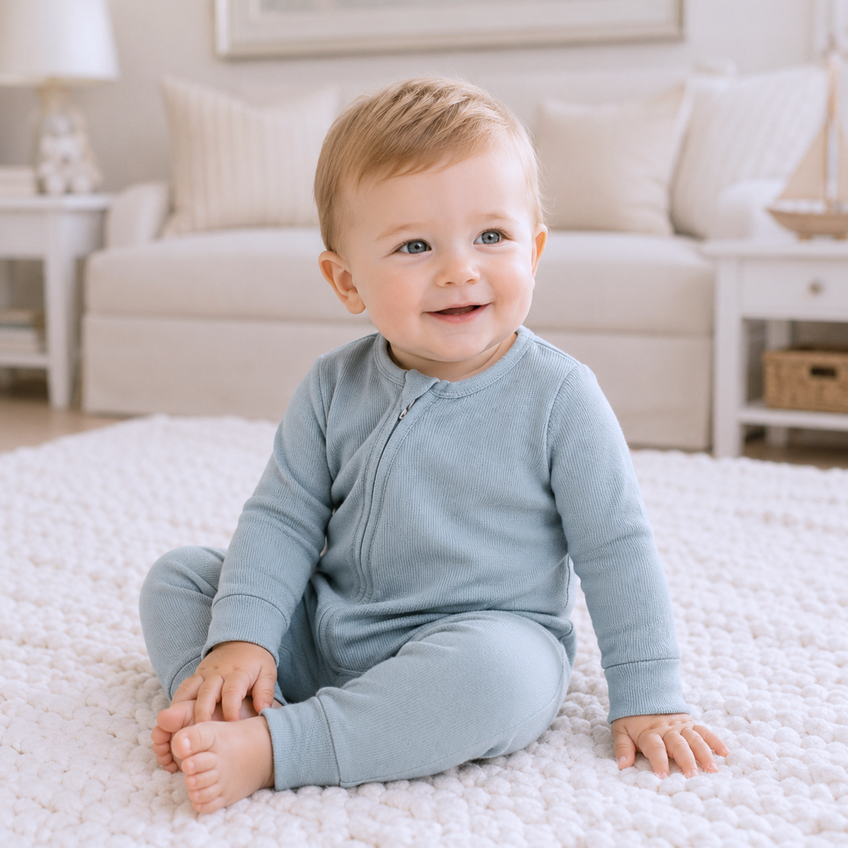 Blue cotton zipper romper for baby with convertible fold-over cuffs