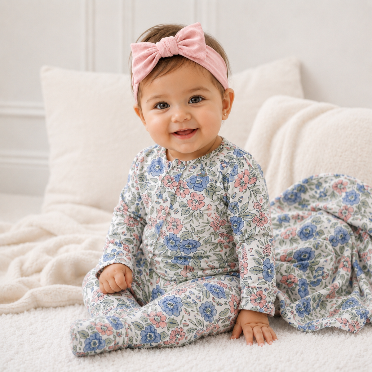 Baby zipper romper in vintage-inspired floral print with ruffled trim and cuffed sleeves