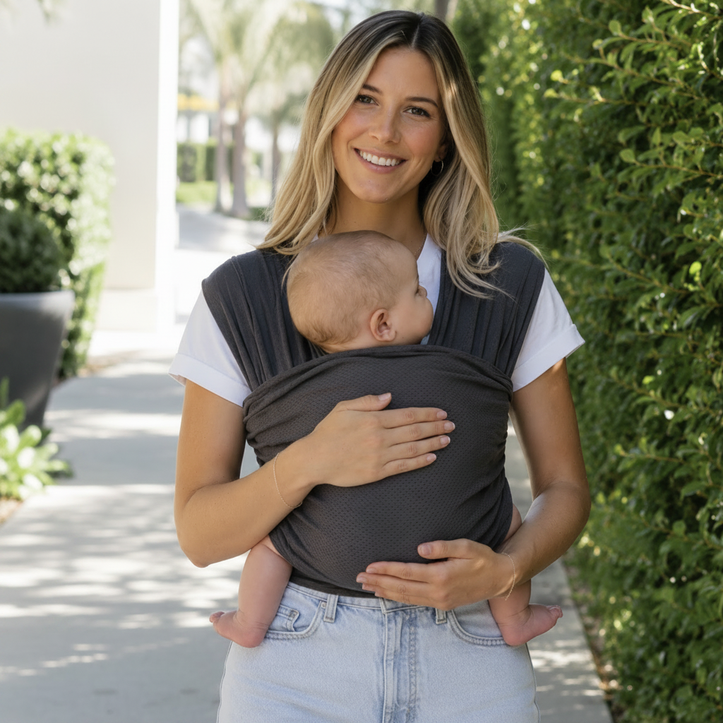 Baby K'tan Breeze wrap carrier in charcoal grey with double-loop design and matching sash.