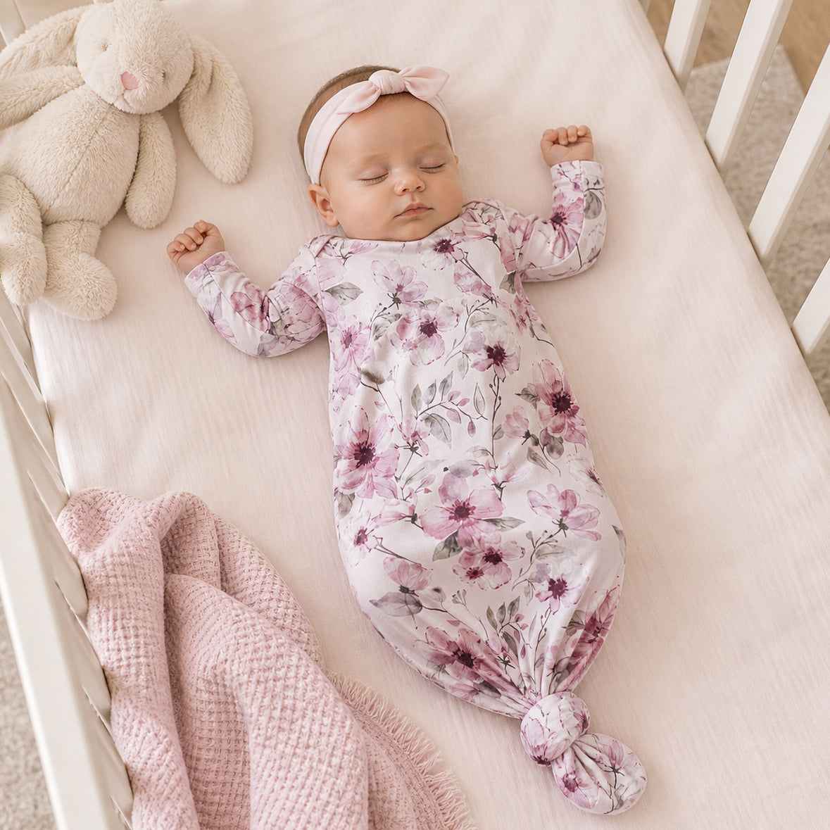 Knotted newborn baby gown in soft pink watercolor floral print