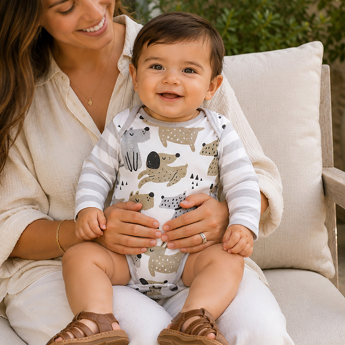 Puppy Dog Print Baby Bodysuit – Cotton Stripe Sleeve by Tesa Babe at Everetts Place
