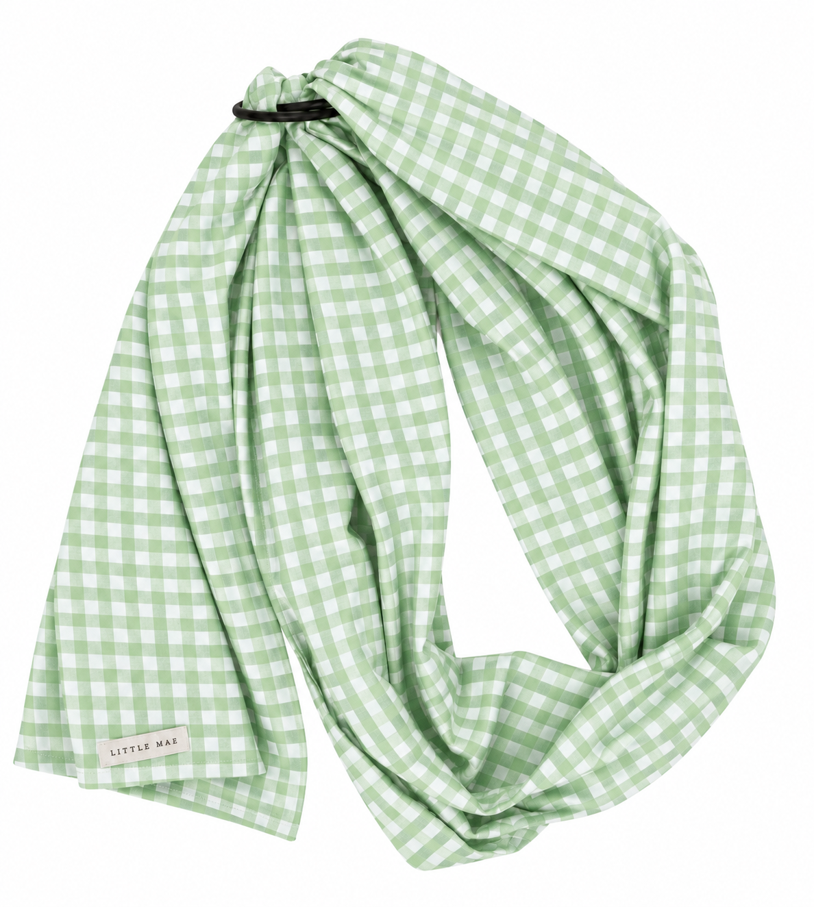 Green gingham ring sling baby carrier with black aluminum rings and long cotton blend tail