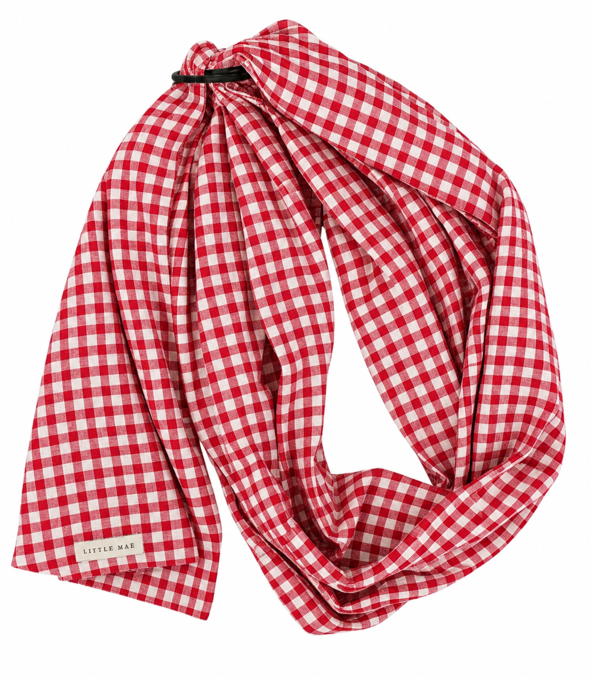 Red gingham ring sling baby carrier with black aluminum rings and long cotton blend tail