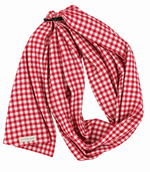 Red gingham ring sling baby carrier with black aluminum rings and long cotton blend tail