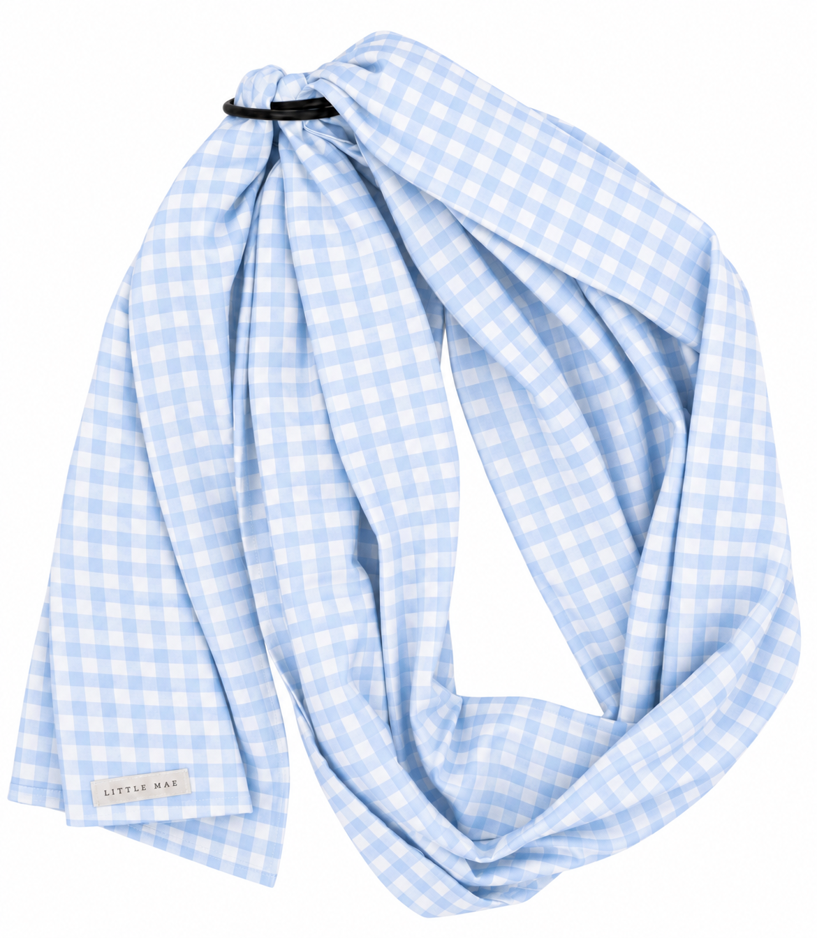 Blue gingham ring sling baby carrier with black aluminum rings and double-sided cotton blend fabric