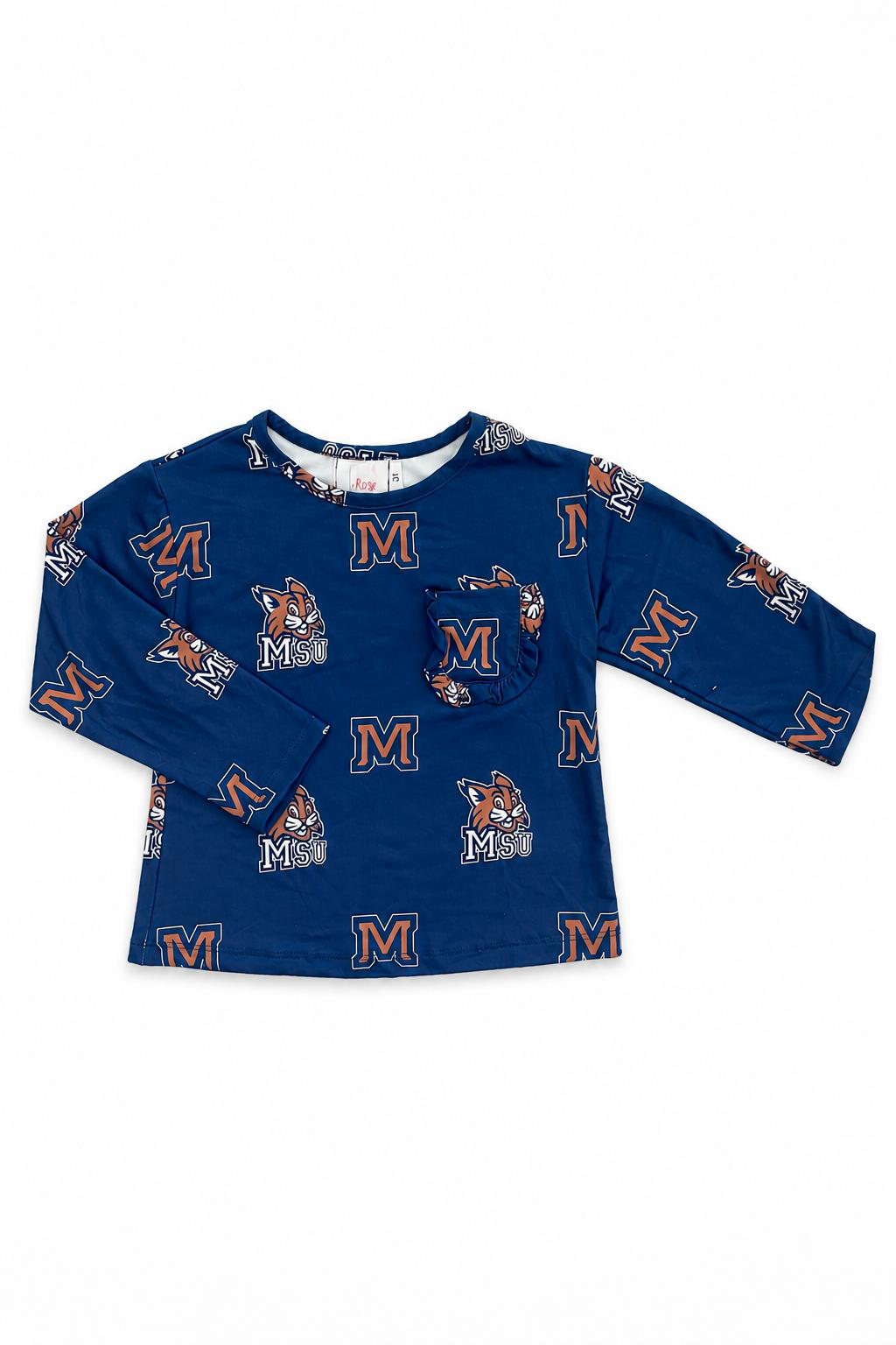 Montana State University Blue Bobcat L/S Ruffle Pocket Tee by Mila & Rose ®