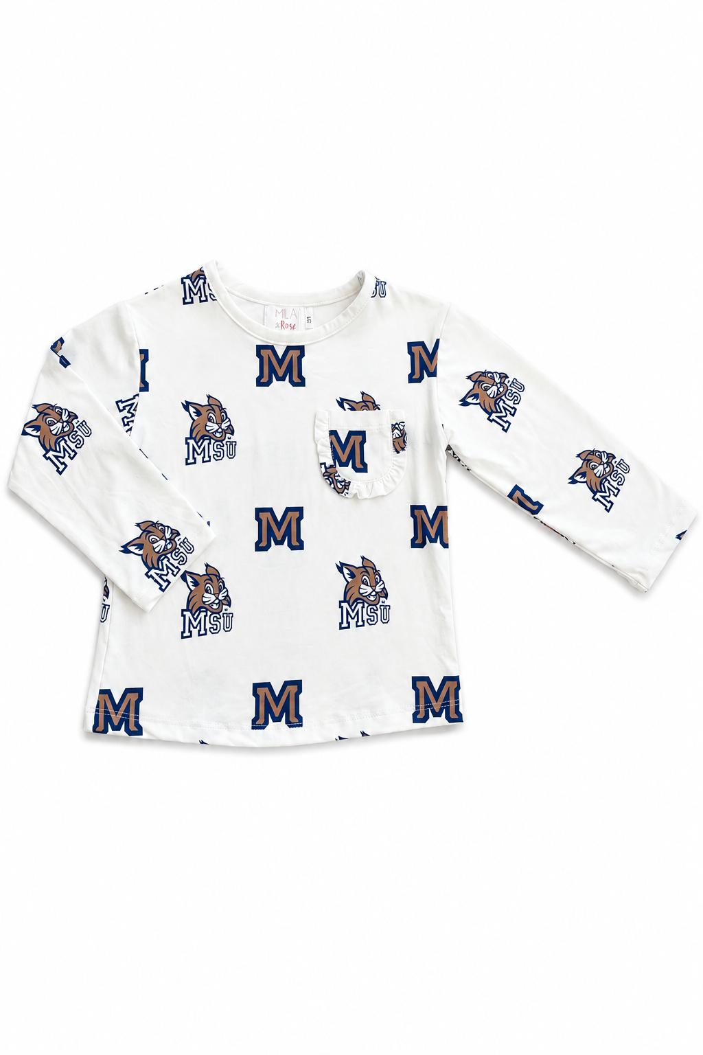 White long sleeve girls tee with ruffle pocket and Montana State University Bobcat logo