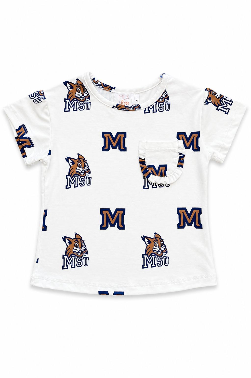 Montana State University White Bobcat Ruffle Pocket Tee by Mila & Rose ®