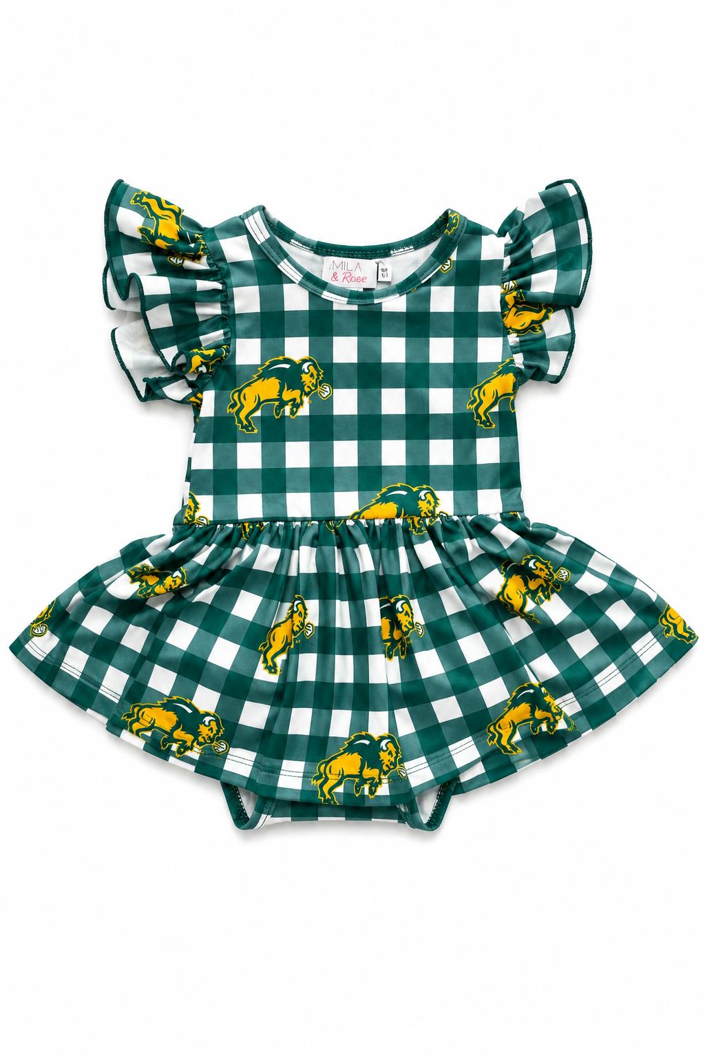Baby bodysuit with green and yellow plaid twirl skirt, flutter sleeves and North Dakota State Bison logo