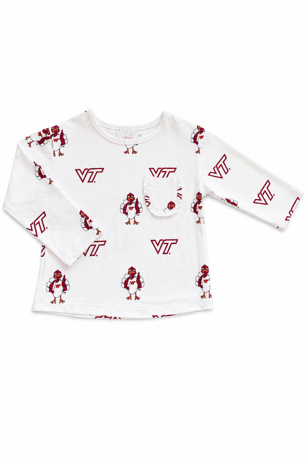 Virginia Tech White Hokie L/S Ruffle Pocket Tee by Mila & Rose ®