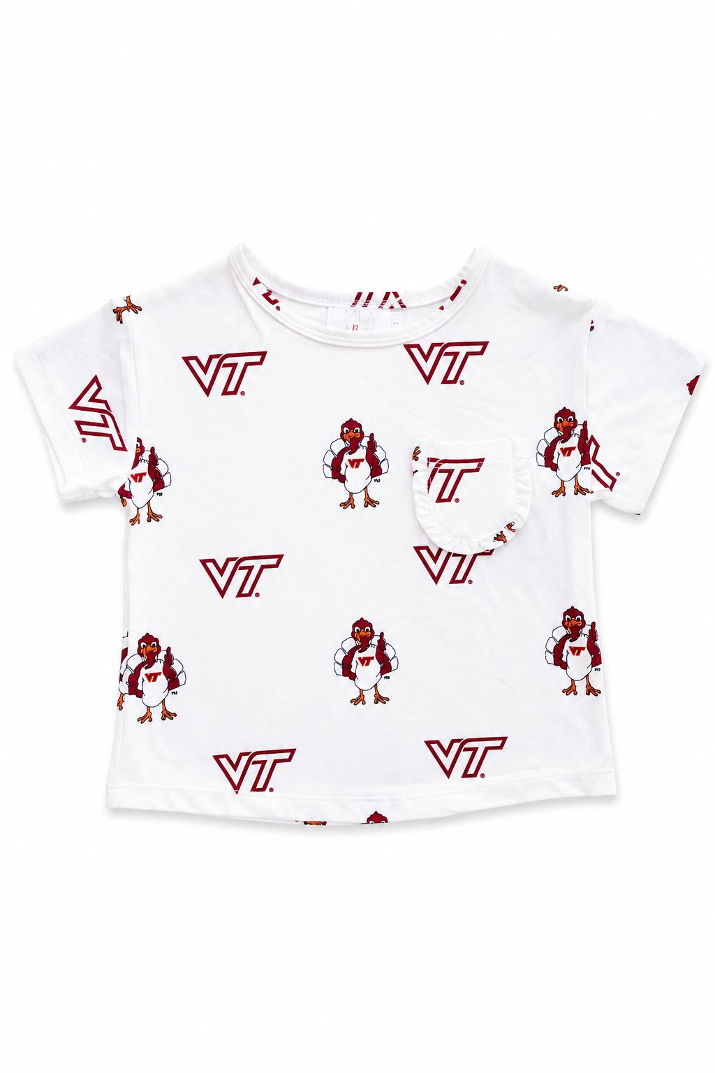 White short-sleeve girls tee with ruffle trim pocket and Virginia Tech Hokie logo