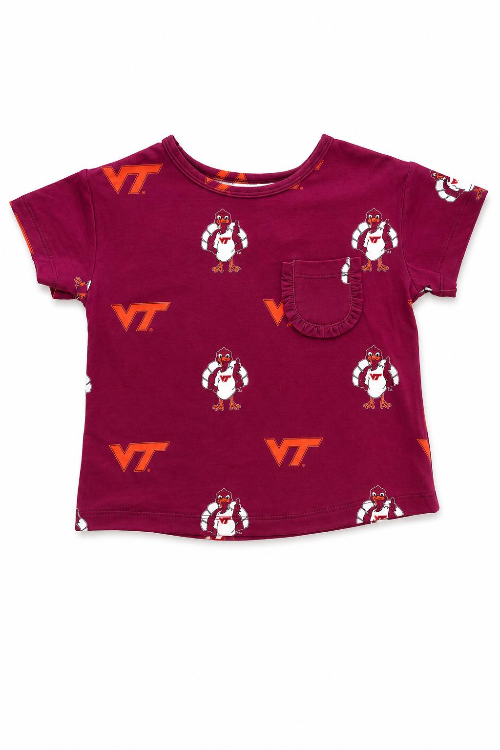 Maroon Virginia Tech Hokie girls tee with ruffle trim pocket