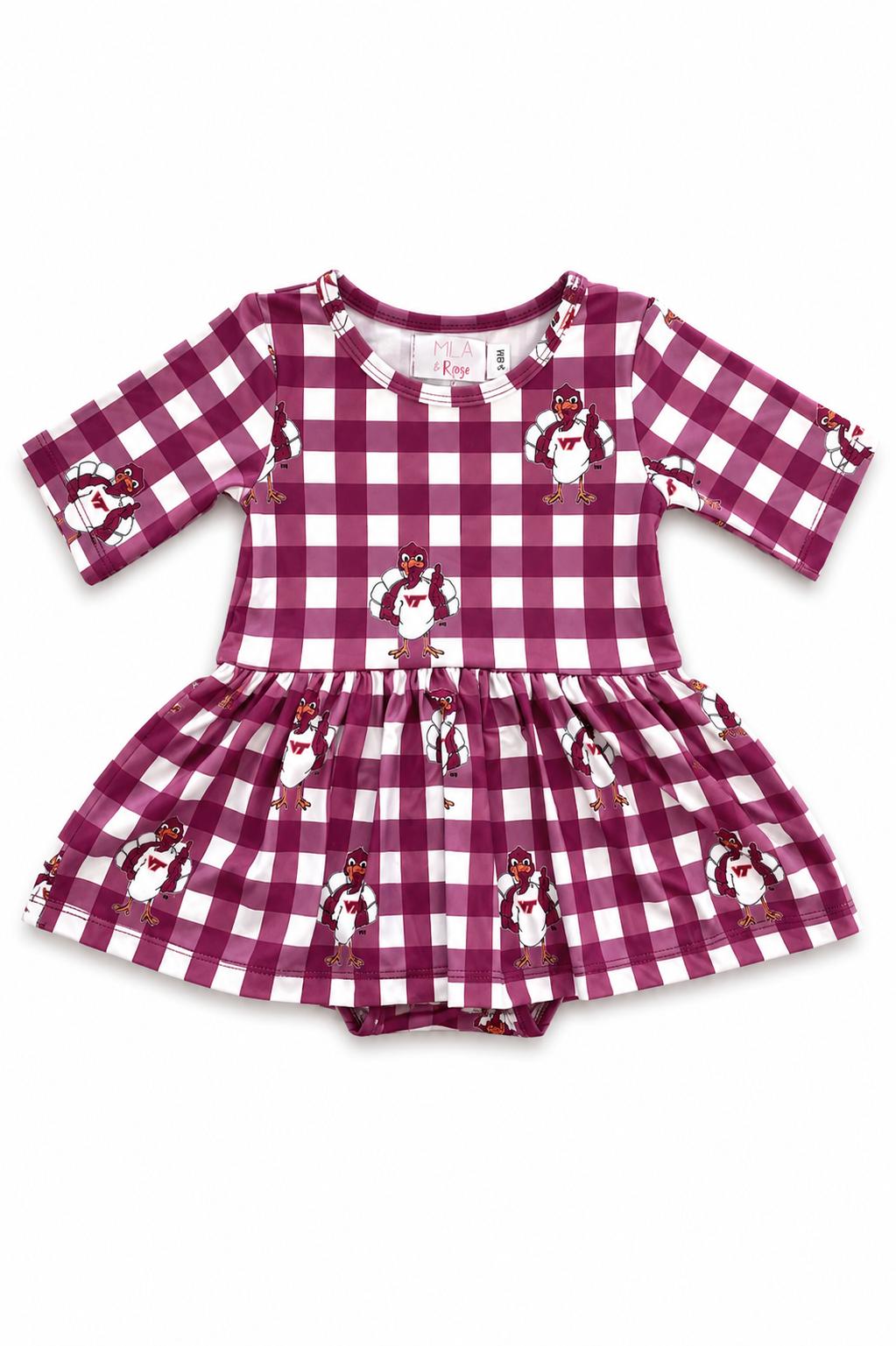 Baby and toddler 3/4 sleeve twirl bodysuit in Virginia Tech maroon and orange plaid with Hokie logo