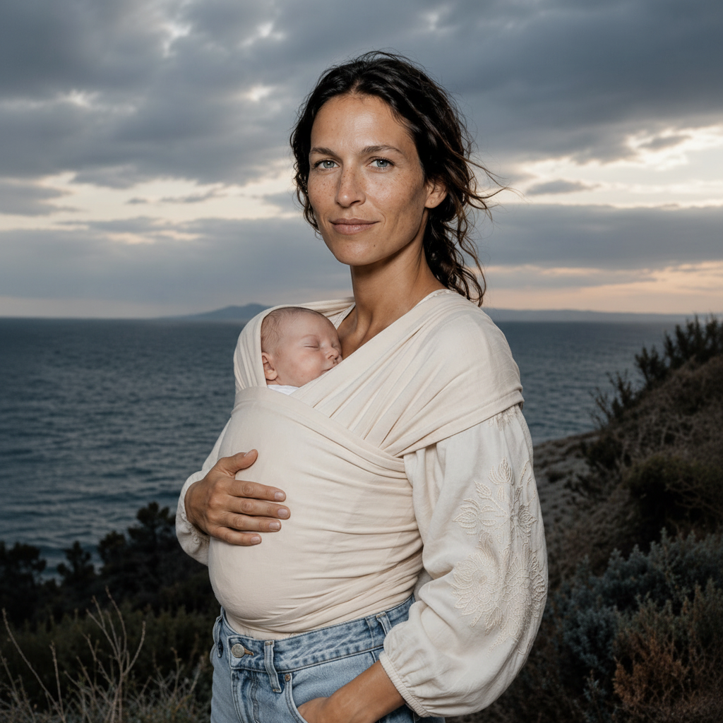 Baby K'tan wrap-style baby carrier in natural cream cotton with double-loop design and no buckles