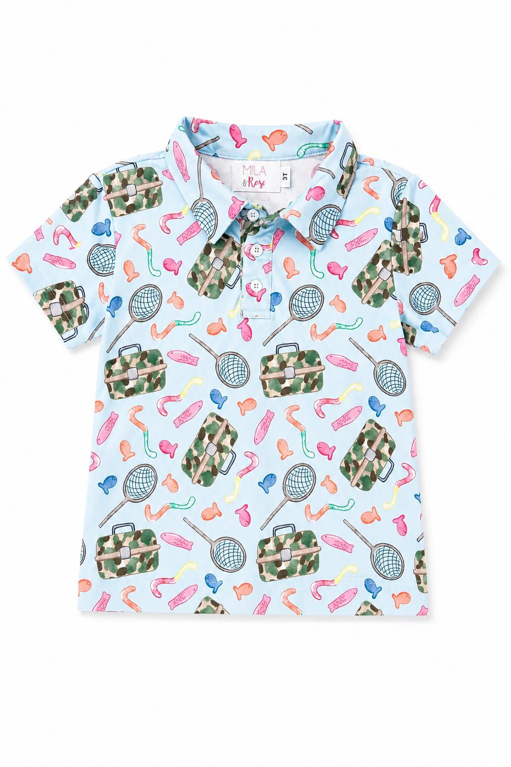 Boys short-sleeve polo shirt with a fishing snacks print and collared neckline.