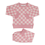 Checker Baby Pink Crew Neck Jogger Set For Kids Outfit - Everetts Place Boutique - Crew Neck Jogger Sets