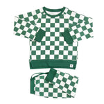 Sweet Bamboo Checker Green Kids Crew Neck Jogger Set With Pocket - Everetts Place Boutique - 