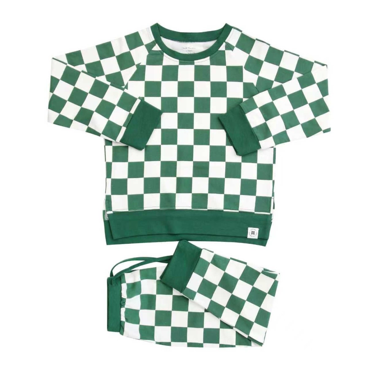 Sweet Bamboo Checker Green Kids Crew Neck Jogger Set With Pocket - Everetts Place Boutique - 
