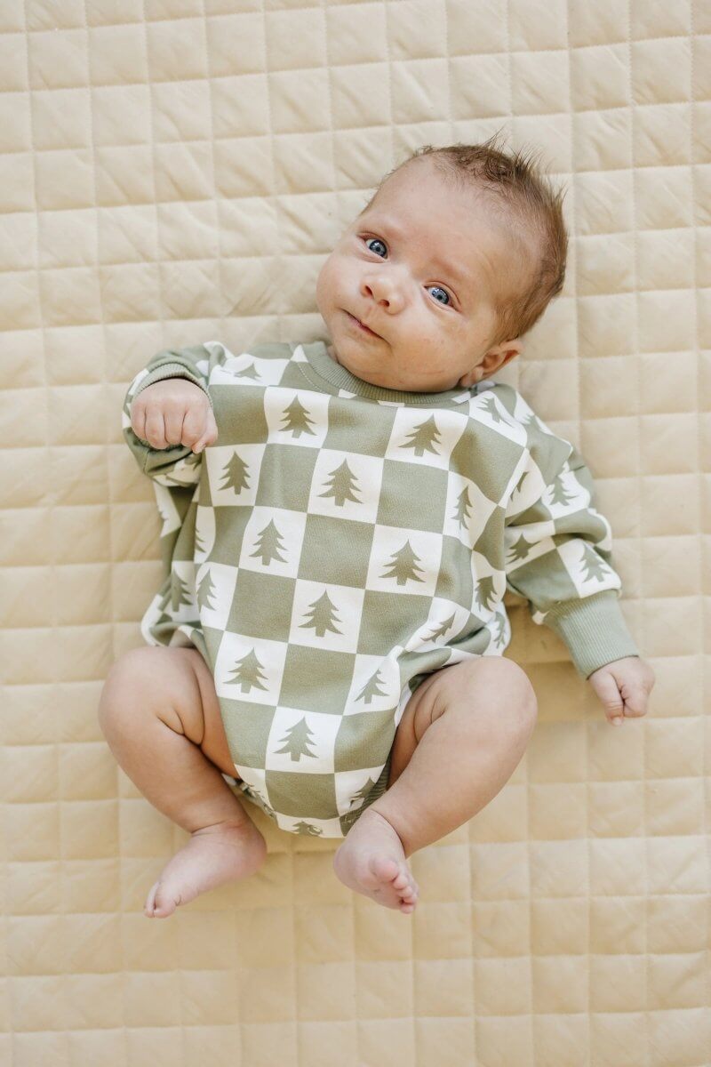 Little Joy Co. Checkered Christmas Tree Sweatshirt Romper - Everetts Place Boutique - 
