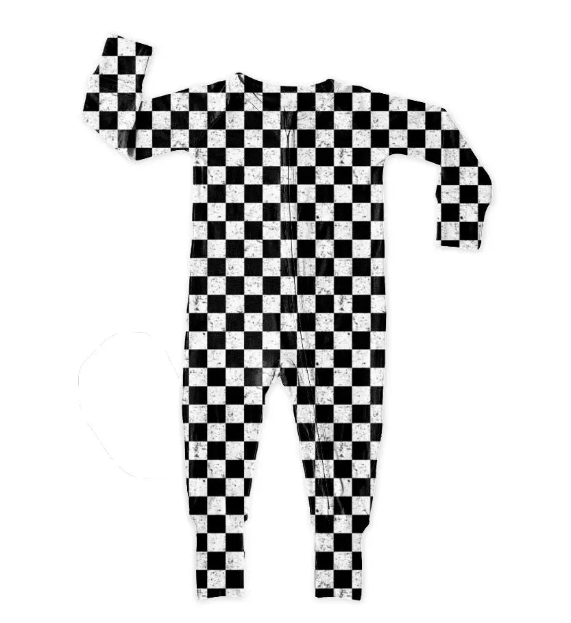 Checkered Racecar, Bamboo Zipper Footie Miller & Co. Everetts Place Boutique