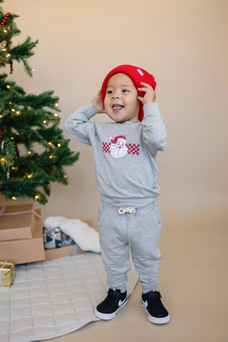 Little Joy Co. Checkered Santa Christmas Bamboo Crewneck & Jogger Set - Everetts Place Boutique - 