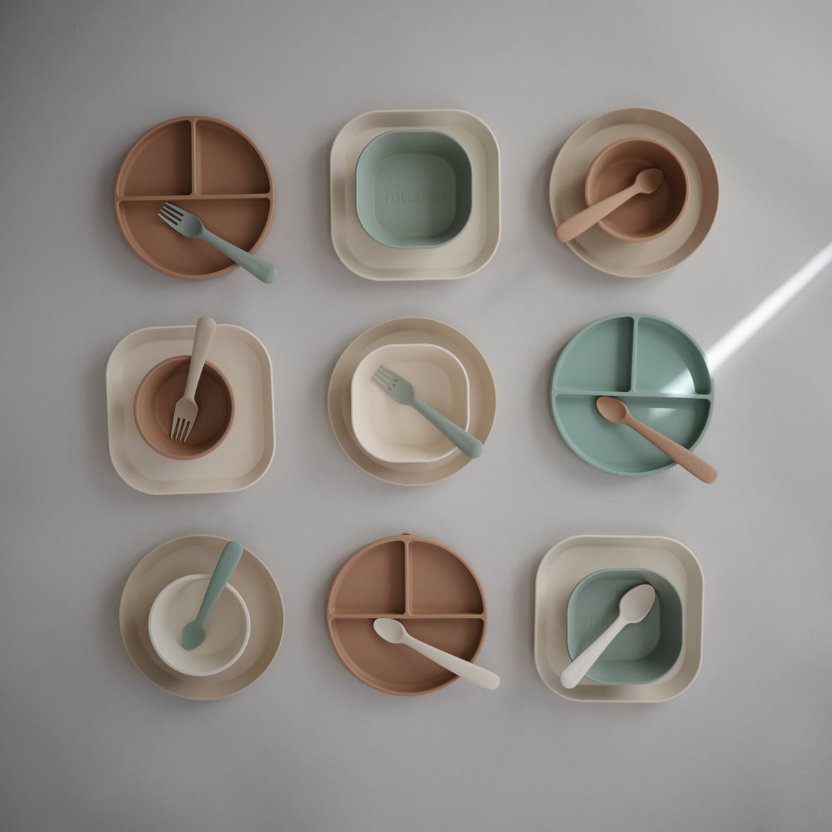 Mushie silicone square baby bowls for organic toddler feeding.