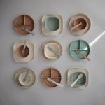 Mushie silicone square baby bowls for organic toddler feeding.