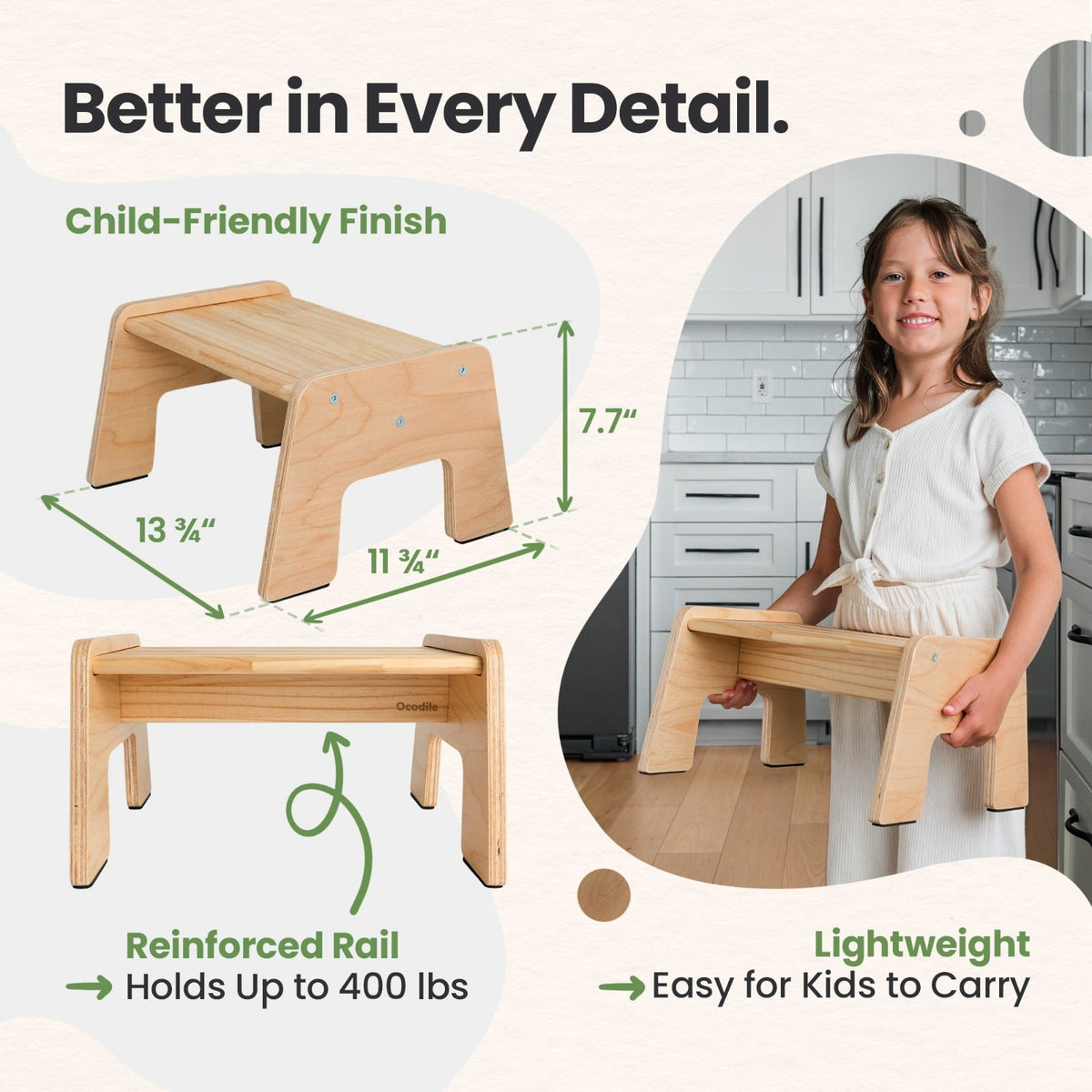 Wooden Kids Step Stool - 1-Step Multi-Purpose by Ocodile.com