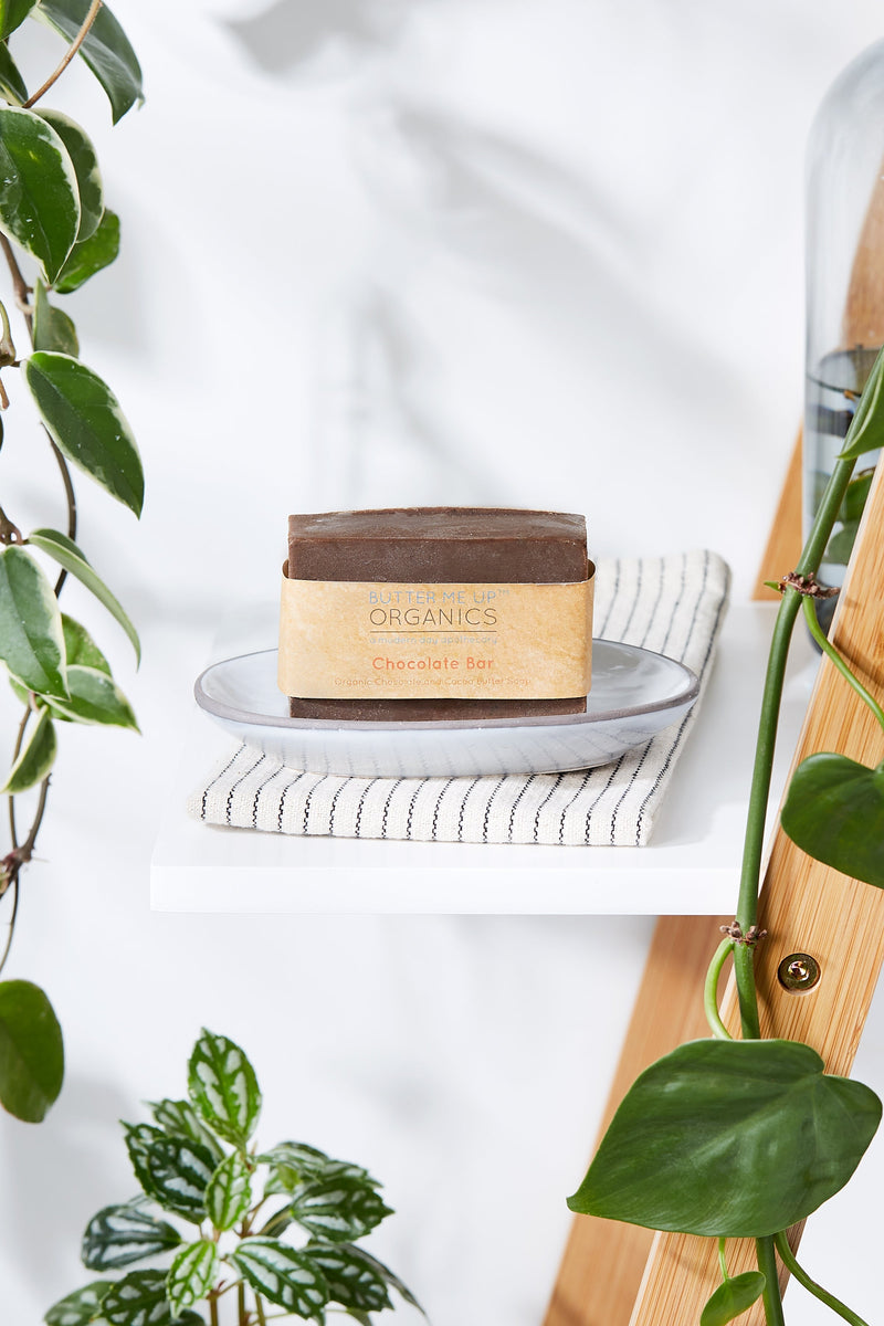 Organic shampoo bar with chocolate, cocoa butter, and natural oils on a dish surrounded by plants.