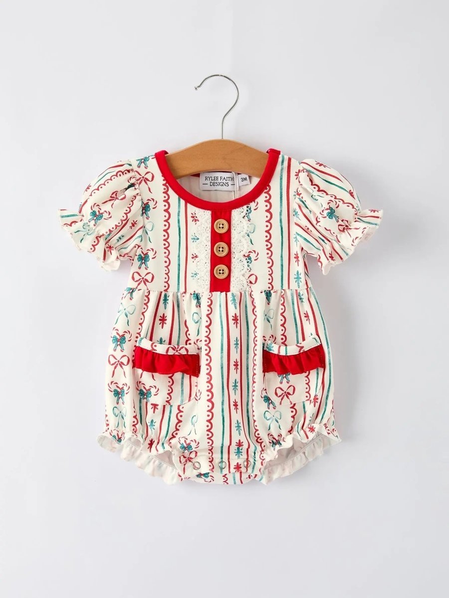 Christmas Baby Girls Stripe Romper With Ruffle Trim Rylee Faith Designs Everetts Place Boutique