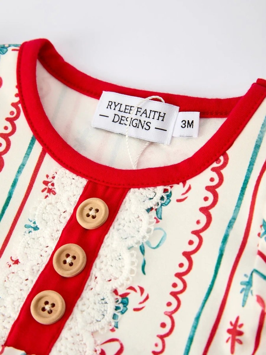 Christmas Baby Girls Stripe Romper With Ruffle Trim Rylee Faith Designs Everetts Place Boutique