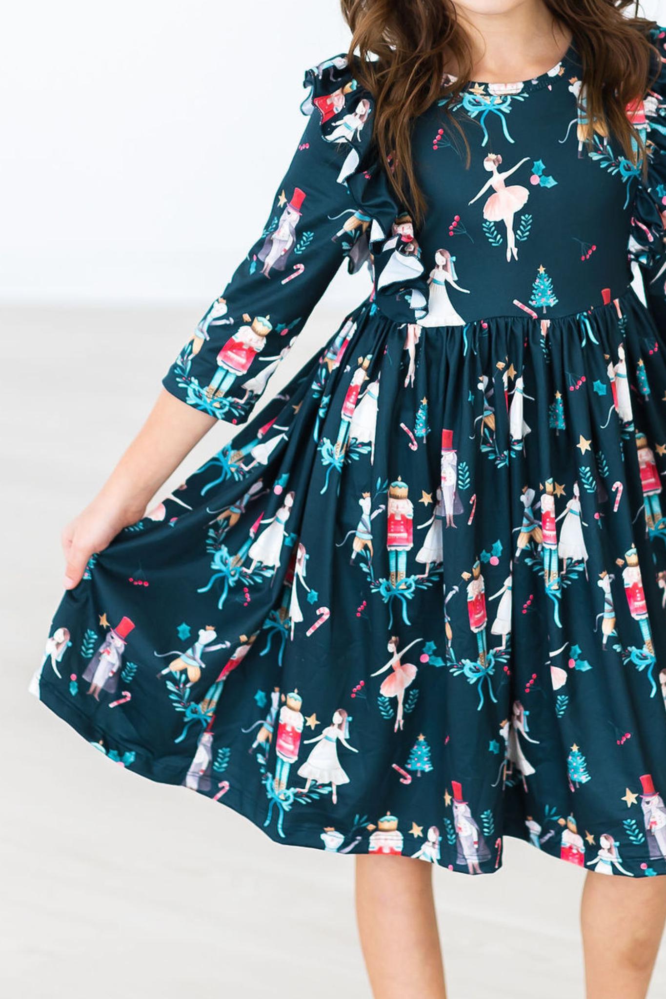 Christmas Ballet Three Quarter Sleeve Ruffle Twirl Dress Mila & Rose ® Everetts Place: Online Boutique