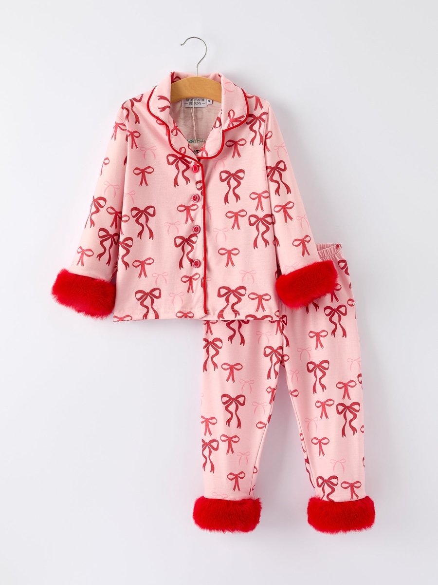 Rylee Faith Designs Christmas Bow Girls Pajama Set With Furry Trim For Girls - Everetts Place Boutique - 